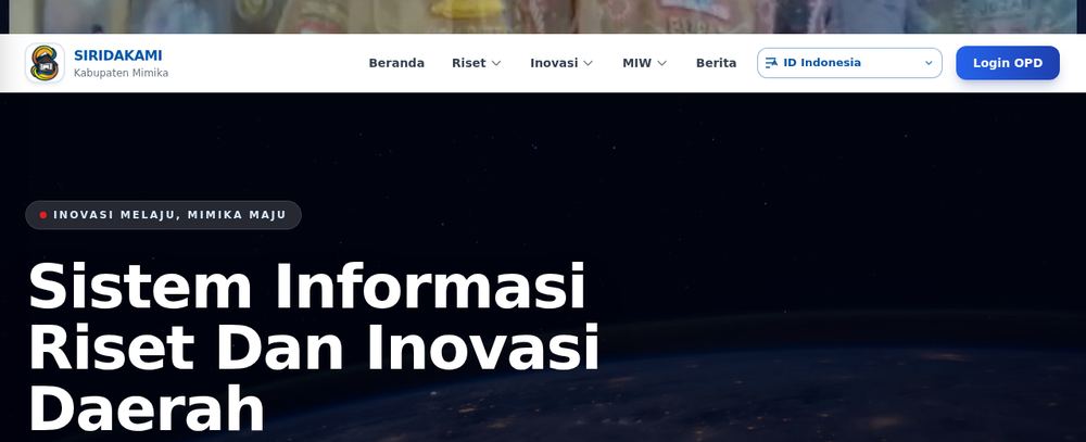 Tangkapan layar SIRIDAKAMI — Sistem Informasi Riset dan Inovasi Daerah
